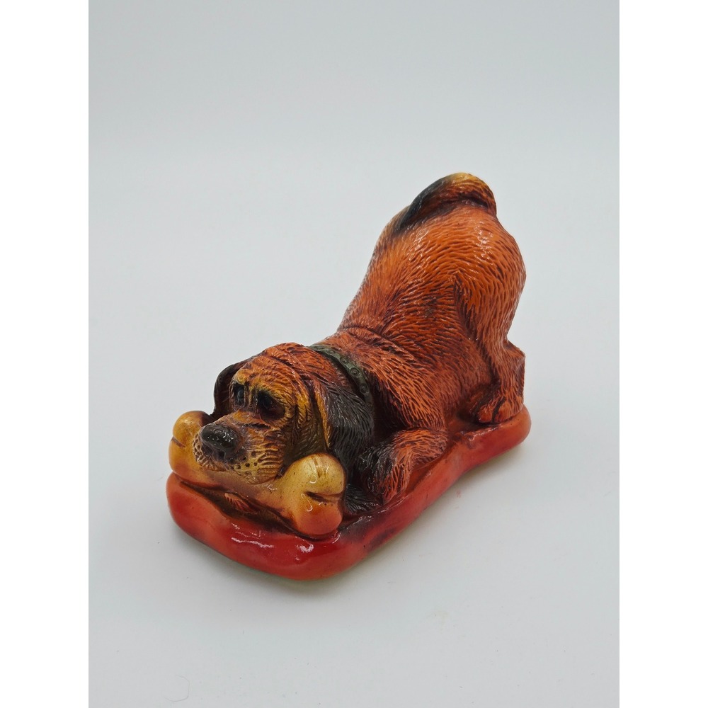Vintage Ceramic Bloodhound Dog Figurine Play Bow with Bone Brown Red Base 4.5"